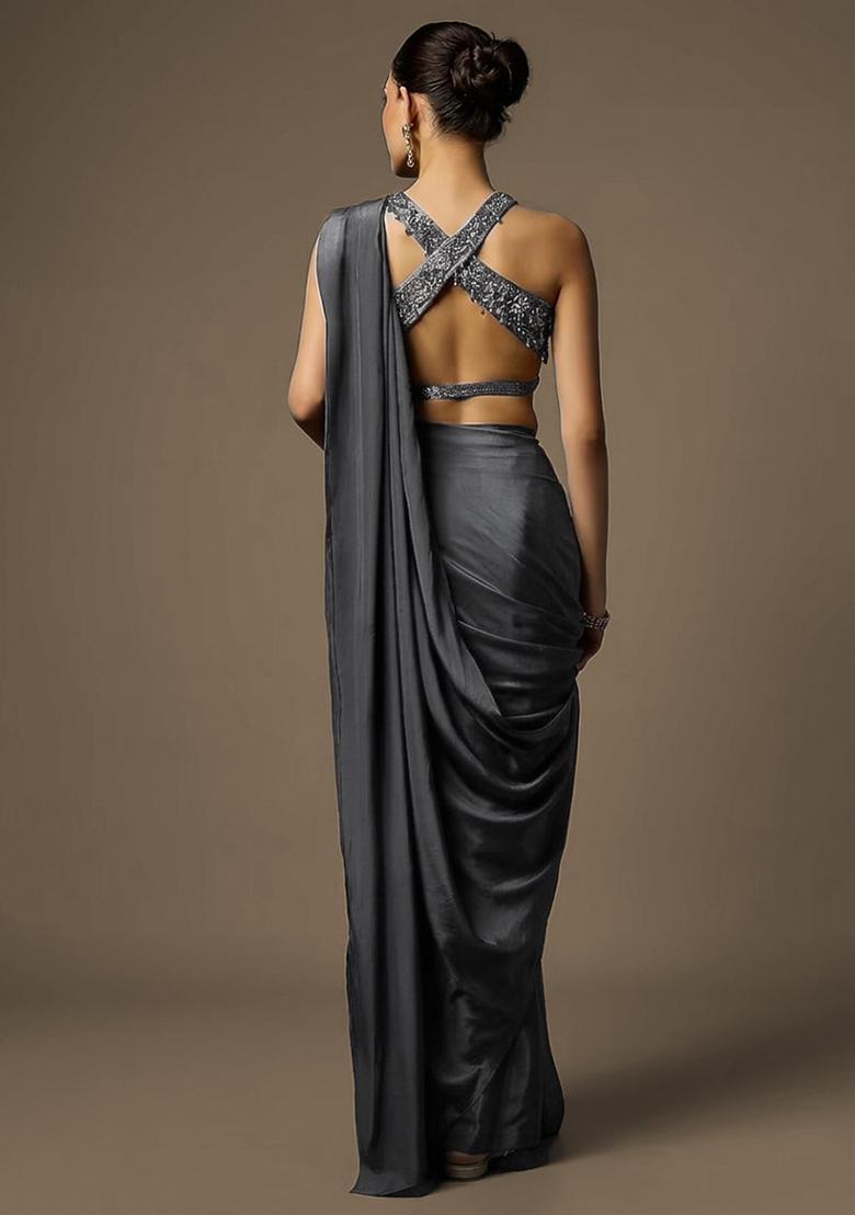 Charcoal Grey Crepe Handwork Pre Draped Saree Set - Indya