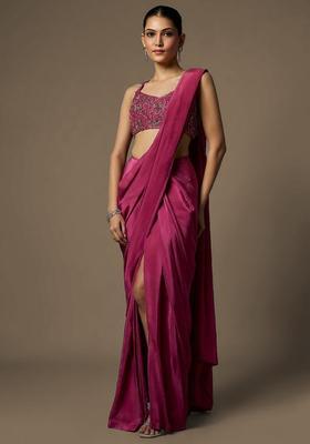 Pink Crepe Handwork Pre Draped Saree Set