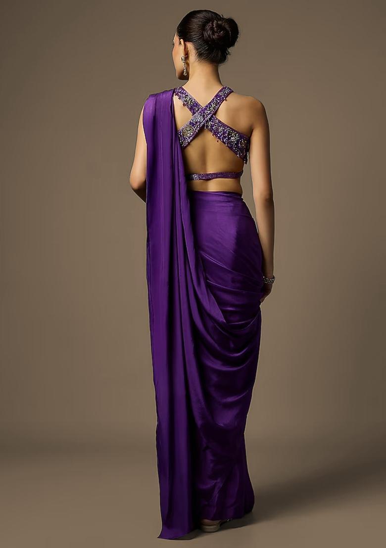 Royal Purple Crepe Handwork Pre Draped Saree Set - Indya