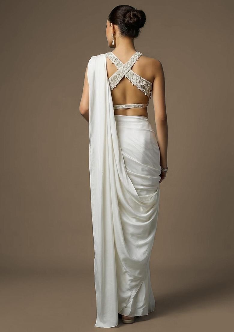 Ivory Crepe Handwork Pre Draped Saree Set - Indya