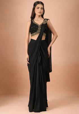 Black Crepe Handwork Pre Draped Saree Set