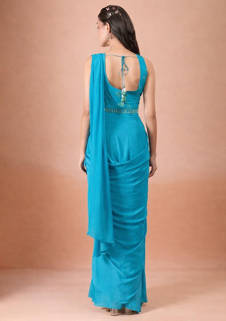 Aqua Blue Crepe Handwork Pre Draped Saree Set - Indya