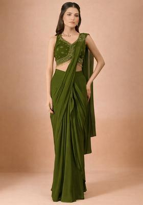 Olive Green Crepe Handwork Pre Draped Saree Set