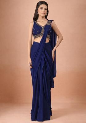 Navy Blue Crepe Handwork Pre Draped Saree Set