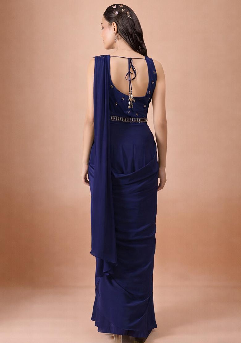 Navy Blue Crepe Handwork Pre Draped Saree Set - Indya