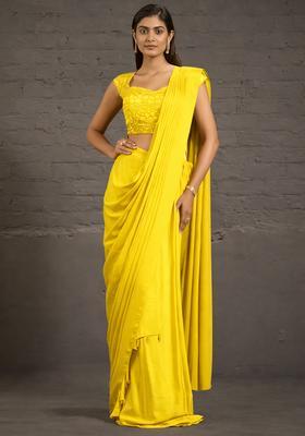 Yellow Crepe Handwork Pre Draped Saree Set