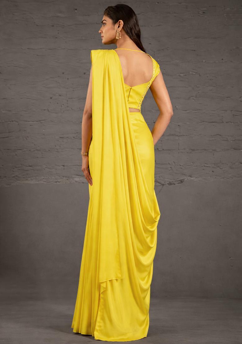 Yellow Crepe Handwork Pre Draped Saree Set - Indya