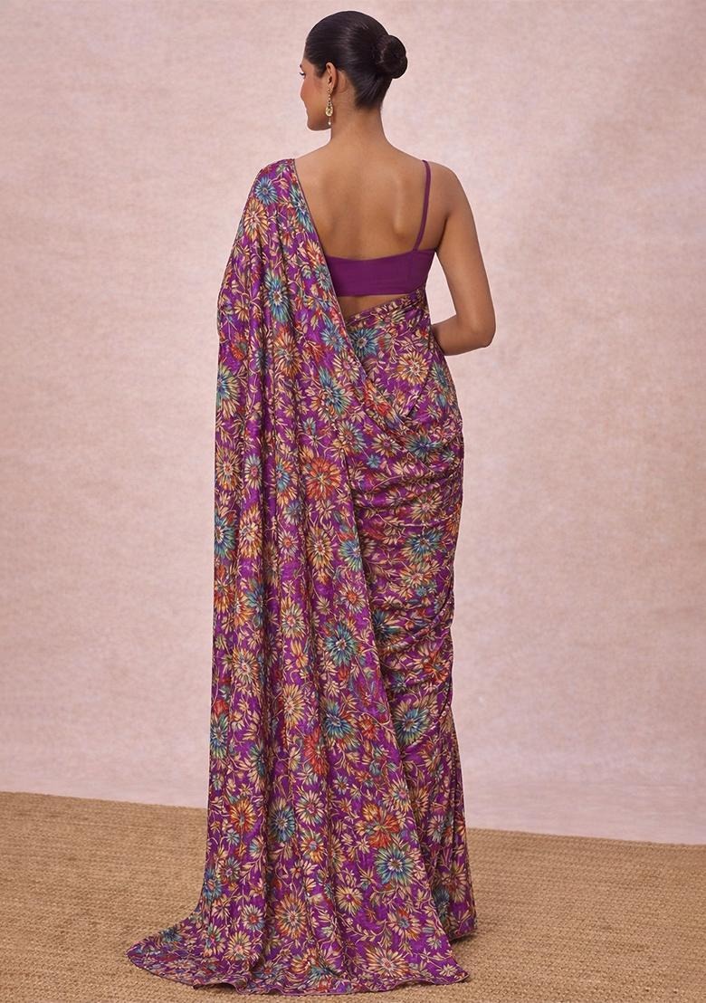 Purple Floral Print Crepe Pre Draped Saree Set - Indya