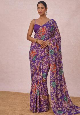 Royal Purple Floral Print Crepe Pre Draped Saree Set