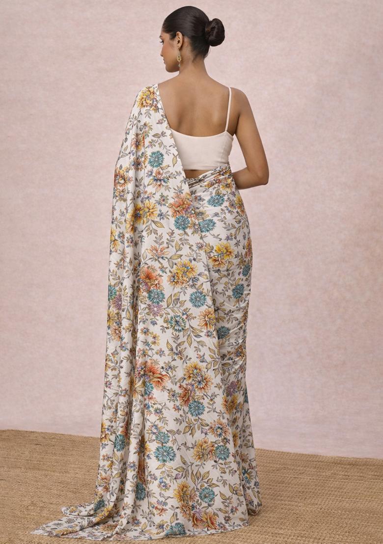 Ivory Floral Print Crepe Pre Draped Saree Set - Indya