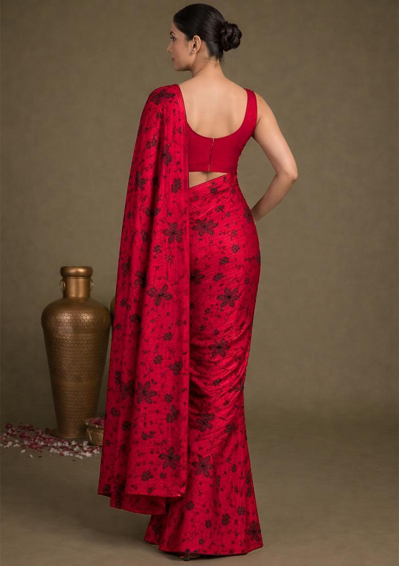 Red Embroidered Chanderi Pre Draped Saree Set - Indya