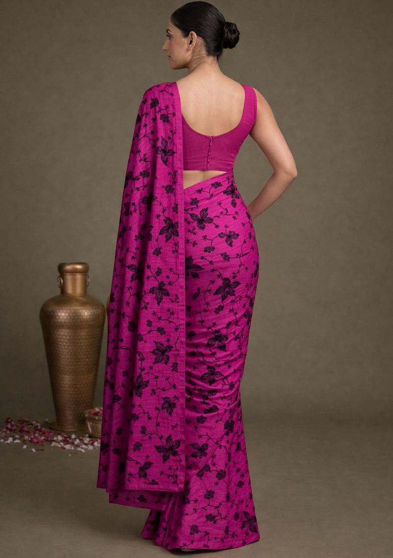 Deep Pink Embroidered Chanderi Pre Draped Saree Set - Indya