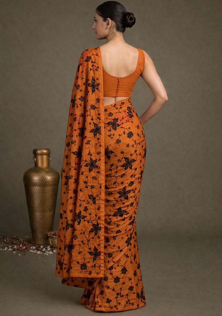 Rust Embroidered Chanderi Pre Draped Saree Set - Indya