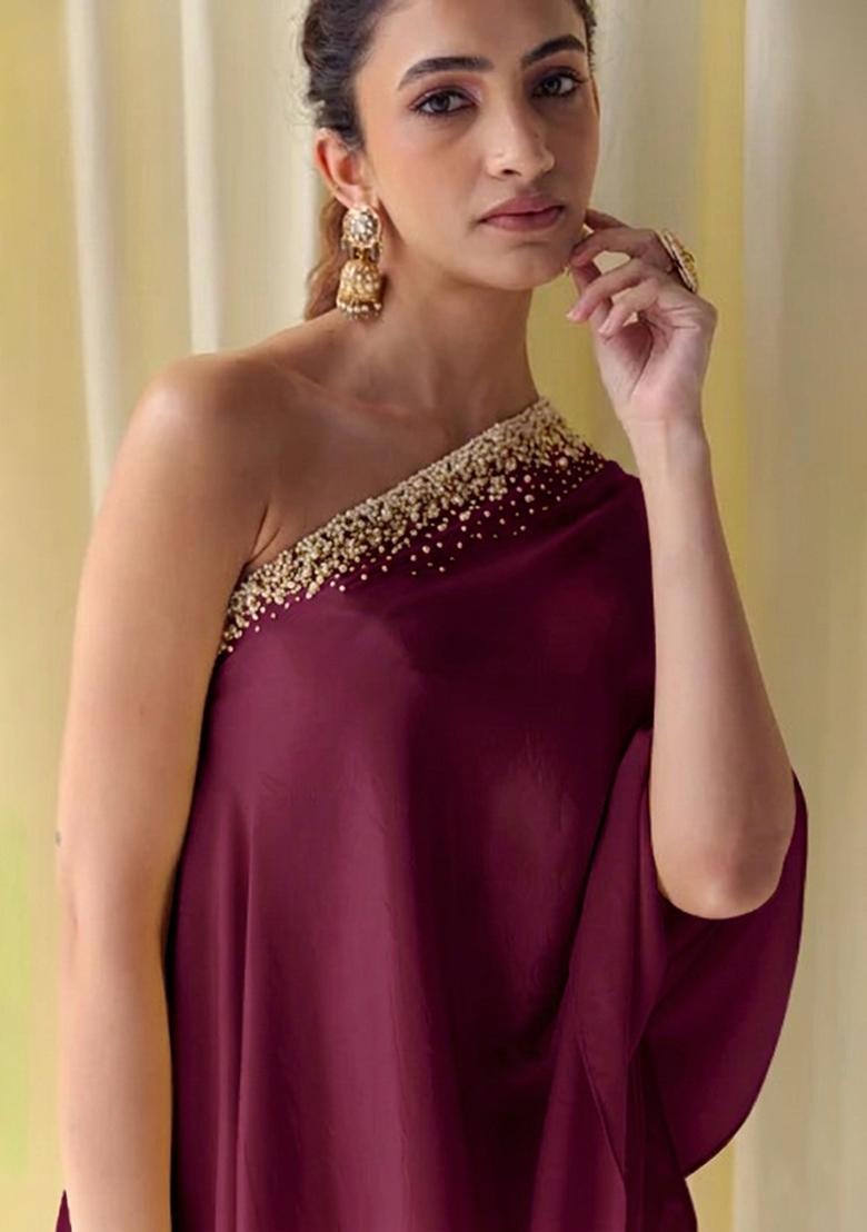 Deep Wine Crepe Handwork Fusion Set - Indya