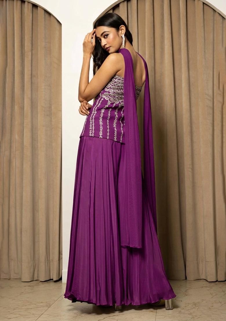 Purple Crepe Handwork Fusion Set - Indya