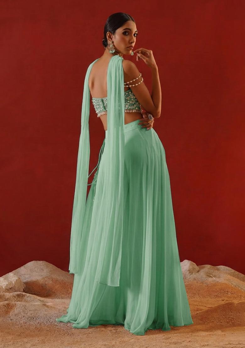 Mint Green Chinon Handwork Fusion Set - Indya