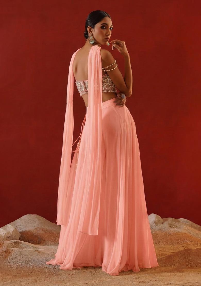 Peach Chinon Handwork Fusion Set - Indya