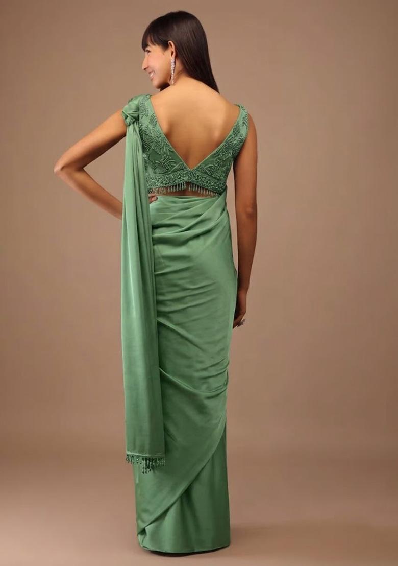 Green Satin Handwork Pre Draped Saree Set - Indya