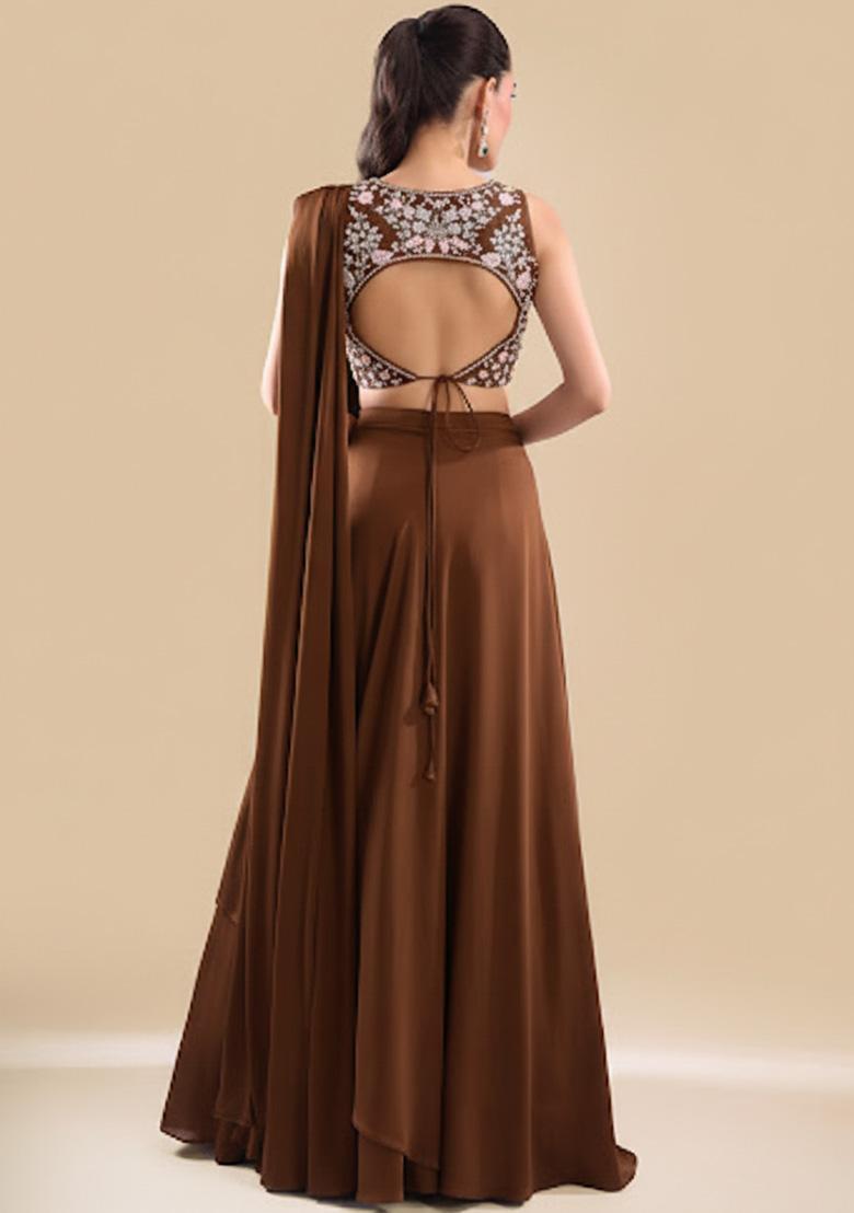 Brown Crepe Handwork Lehenga Set - Indya