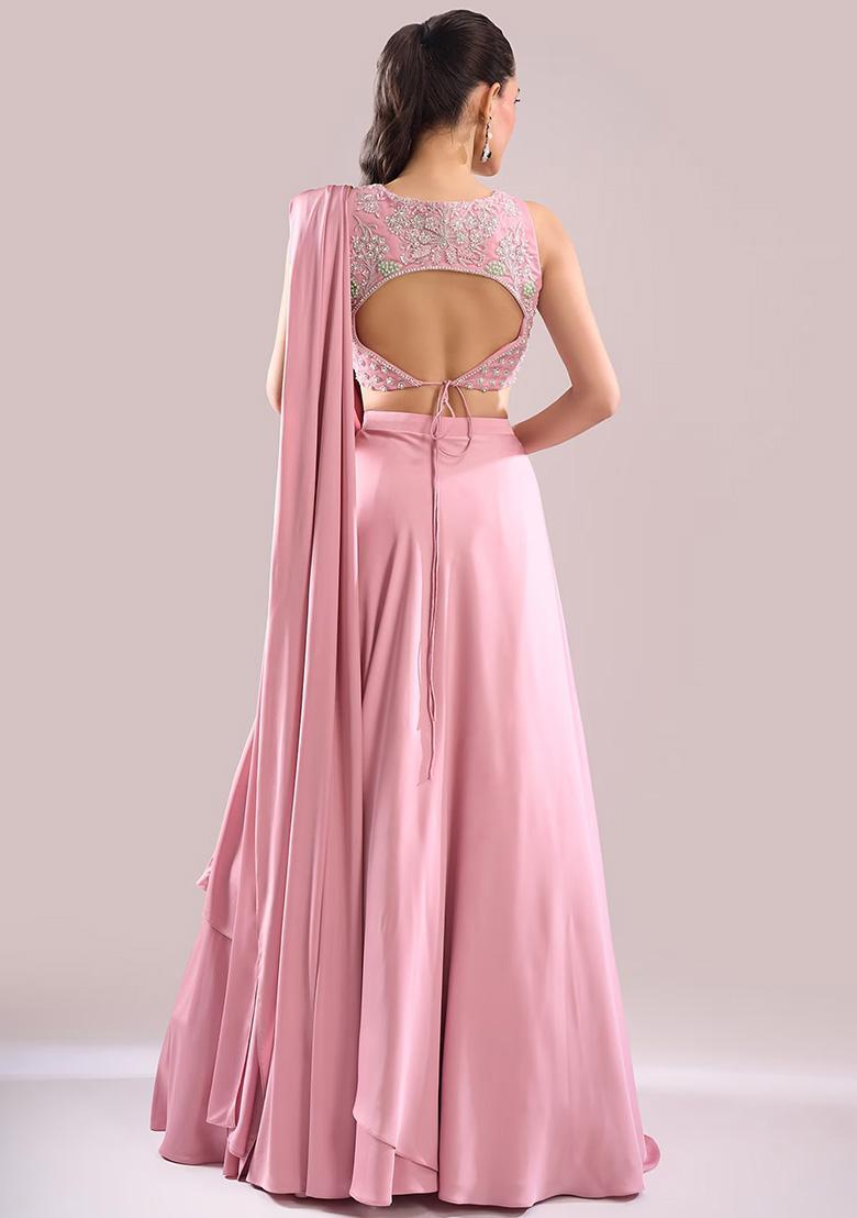 Soft Pink Crepe Handwork Lehenga Set - Indya
