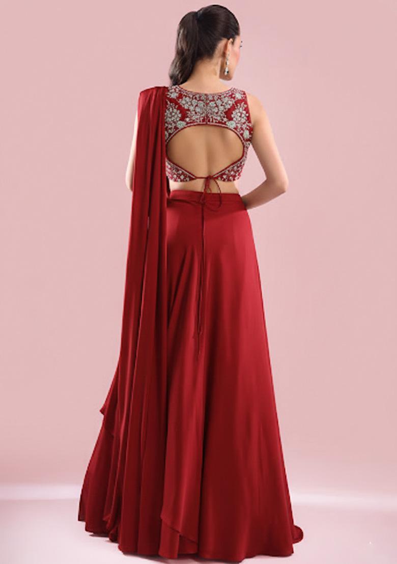 Red Crepe Handwork Lehenga Set - Indya