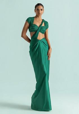 Emerald&nbsp;Green Satin Handwork Pre Draped Saree Set