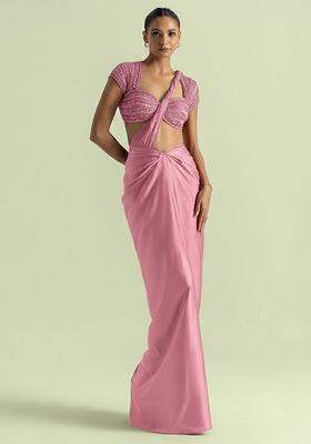 Pink Satin Handwork Pre Draped Saree Set