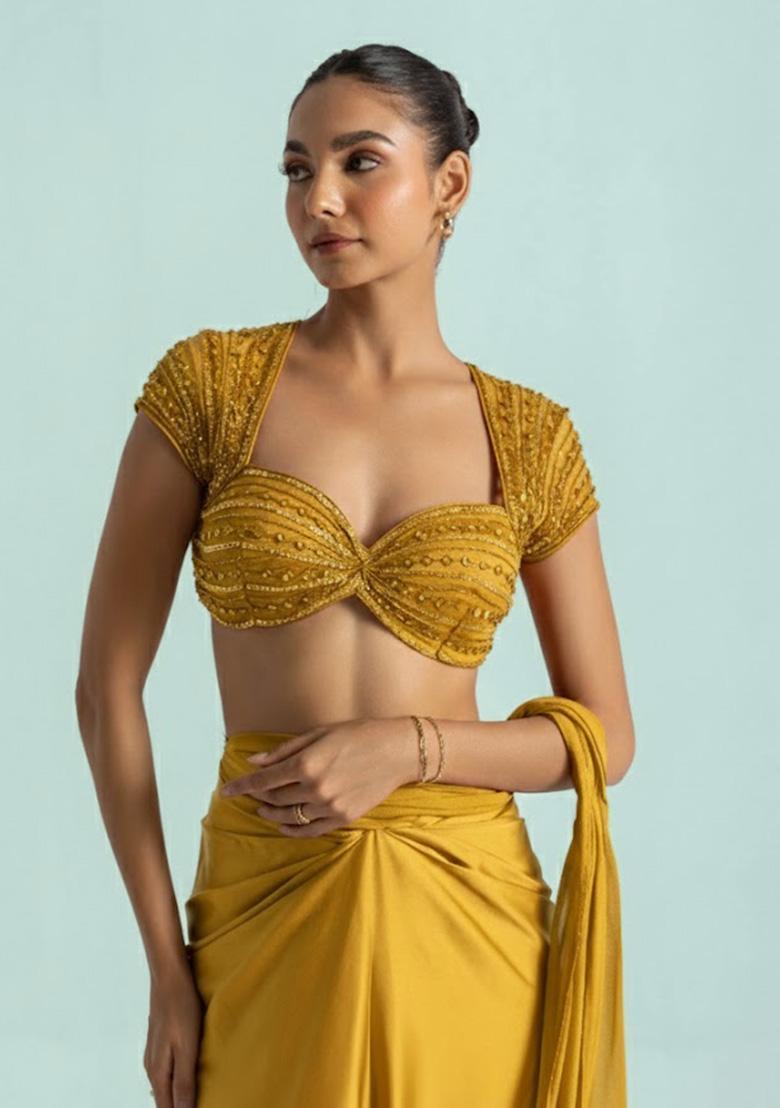 Yellow Satin Handwork Pre Draped Saree Set - Indya