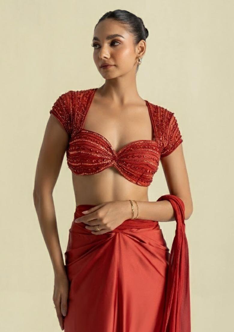 Red Satin Handwork Pre Draped Saree Set - Indya