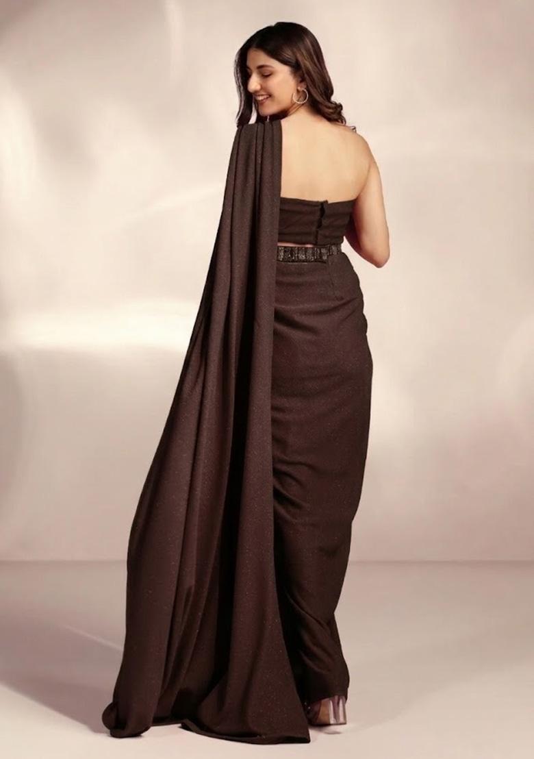 Brown Chinon Handwork Pre Draped Saree Set - Indya