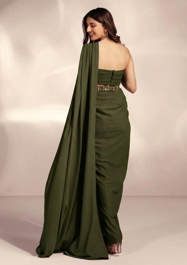 Olive Green Chinon Handwork Pre Draped Saree Set - Indya