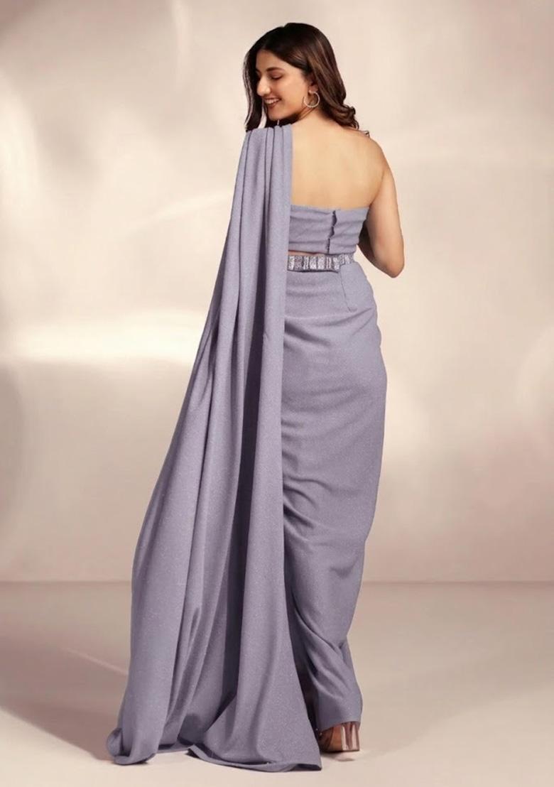 Lilac Chinon Handwork Pre Draped Saree Set - Indya