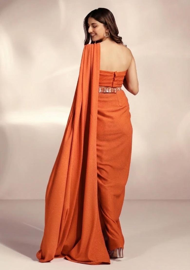 Orange Chinon Handwork Pre Draped Saree Set - Indya