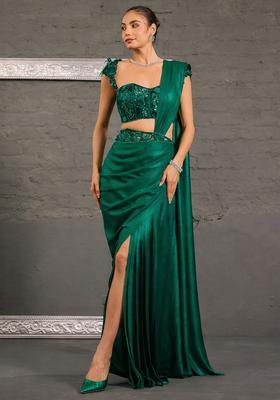Emerald&nbsp;Green Georgette Handwork Pre Draped Saree Set