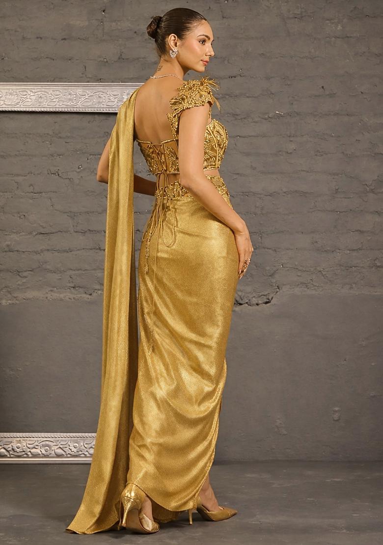 Gold Georgette Handwork Pre Draped Saree Set - Indya