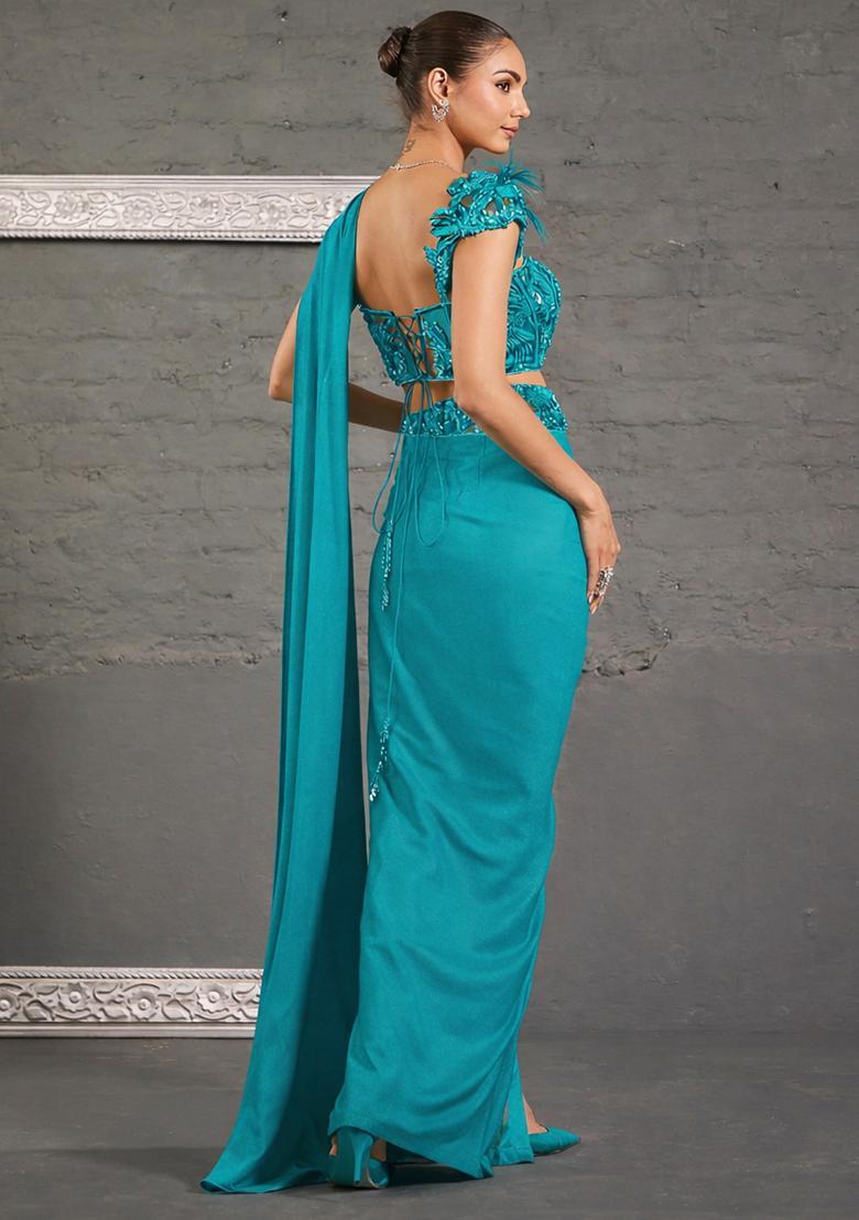 Turquoise Blue Georgette Handwork Pre Draped Saree Set - Indya