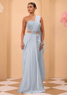 Blue Organza Handwork Pre Draped Saree Set