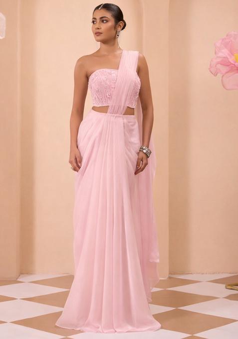 Pink Organza Handwork Pre Draped Saree Set