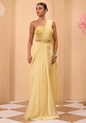 Yellow Organza Handwork Pre Draped Saree Set