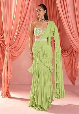 Lime Green Georgette Handwork Pre Draped Saree Set