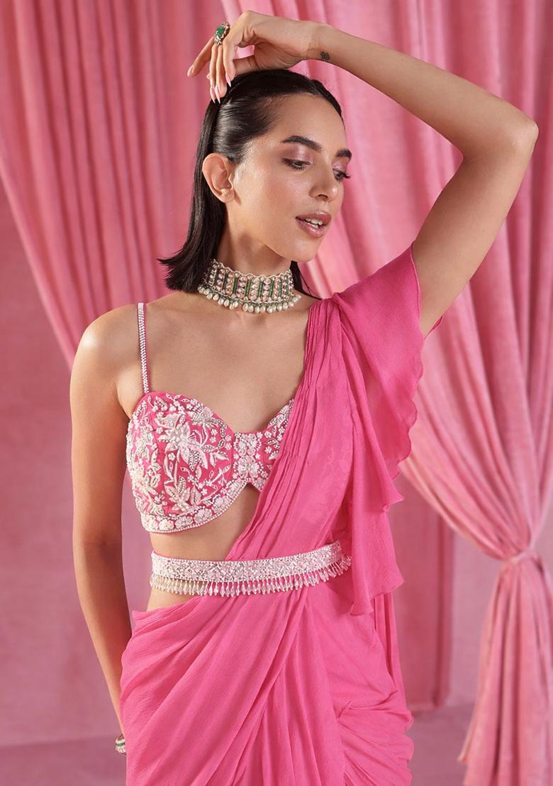 Pink Georgette Handwork Pre Draped Saree Set - Indya