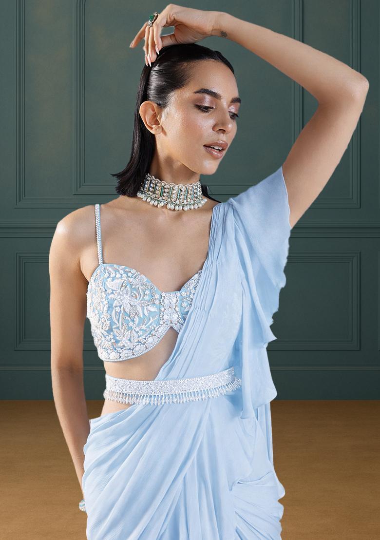 Soft Blue Georgette Handwork Pre Draped Saree Set - Indya