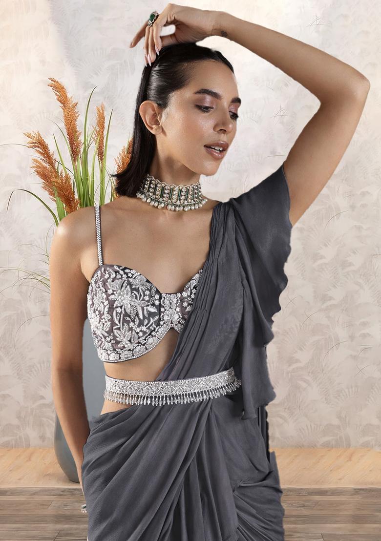 Grey Georgette Handwork Pre Draped Saree Set - Indya