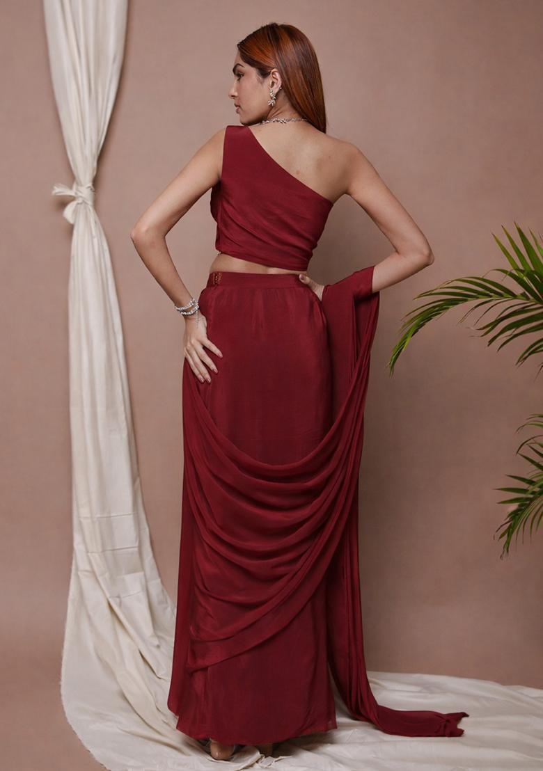 Maroon Satin Handwork Pre Draped Saree Set - Indya
