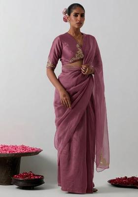 Mauve Organza Handwork Pre Draped Saree Set