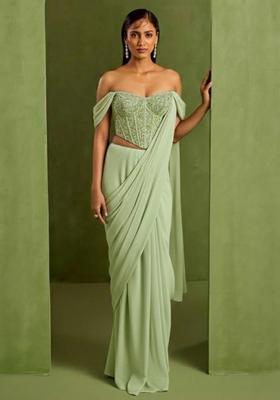 Sage Green Crepe Handwork Pre Draped Saree Set