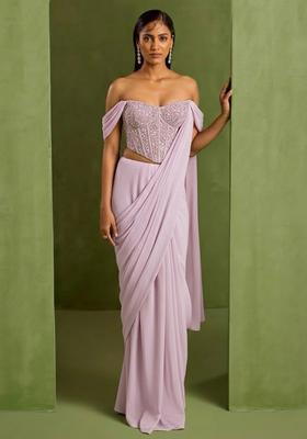 Pastel Pink Crepe Handwork Pre Draped Saree Set