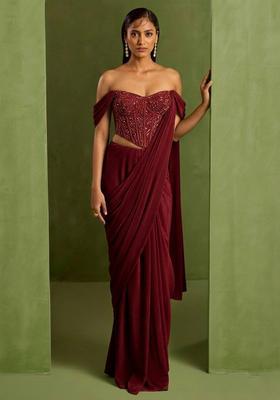 Brown Crepe Handwork Pre Draped Saree Set