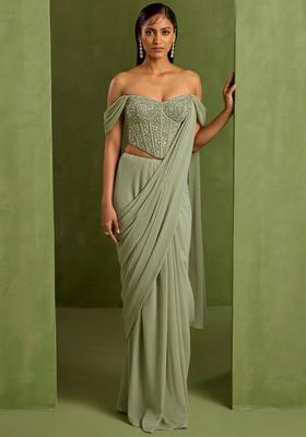 Pastel Green Crepe Handwork Pre Draped Saree Set