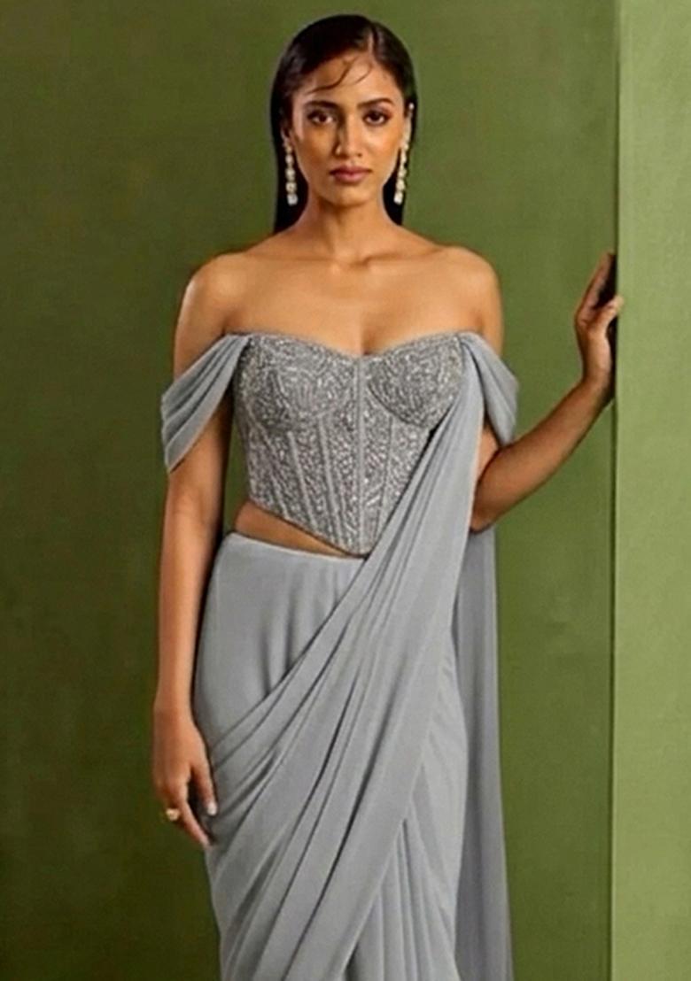 Grey Crepe Handwork Pre Draped Saree Set - Indya